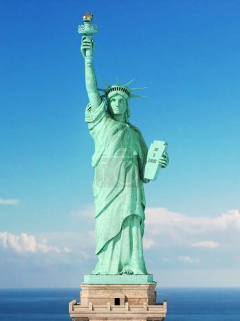 Téléchargez les photos : Statue de la Liberté sur fond de ciel. Symbole NY New York et USA. Illustration 3d - en image libre de droit