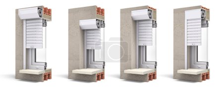 Photo for Types of external roller blinds. Cross section of various installation options pvc window shutters. 3d illustration - Royalty Free Image