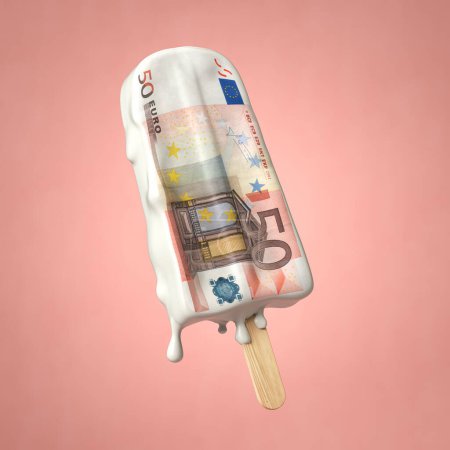 Téléchargez les photos : Euro inflation and depreciation concept. Crème glacée fondante avec un billet en euros. Illustration 3d - en image libre de droit
