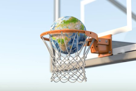 Photo for Basketball hoop with a ball in form of platen Earth.  World basketball concept. 3d illustration - Royalty Free Image