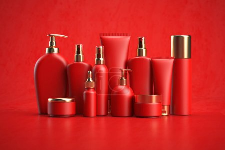 Foto de Botellas y tubos de cosméticos rojos sobre fondo rojo. ilustración 3d - Imagen libre de derechos