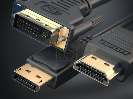HDMI, port d'affichage et câbles DVI. Types les plus courants de câbles vidéo numériques et de connecteurs d'affichage. Illustration 3d