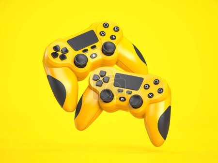 Photo for Yellow game joystick or gaming controller on yellow background. 3d illustration - Royalty Free Image