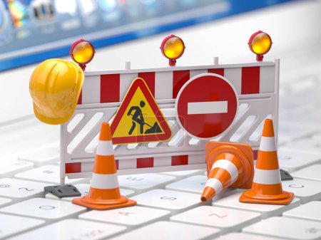 Photo for Web site under construction concept. Traffic barrier and cones on a laptop keyboard. 3d illustration - Royalty Free Image