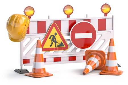Photo for Under construction. Road barrier with trafic signs, cones and hard hat. 3d illustration. - Royalty Free Image