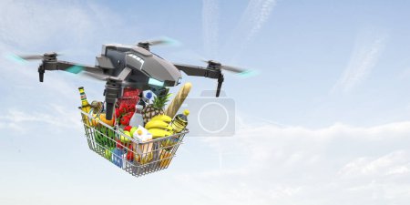 Photo for Delivery drone with shopping basket full of  groxery food products on sky background.. 3d illustration - Royalty Free Image