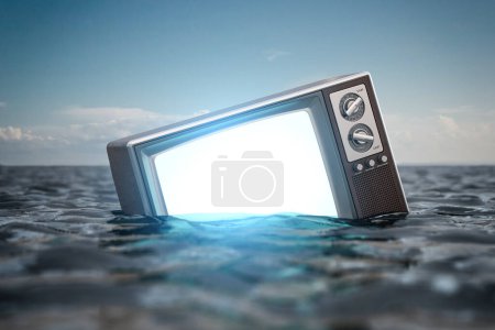 Photo for Tv set floating in a water. Concept of crisis of television broadcasting. 3d illustration - Royalty Free Image