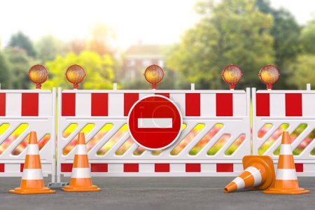 Photo for Under construction. Road barrier with trafic signs, cones and hard hat. Ecology and nature conservation concept. 3d illustration. - Royalty Free Image