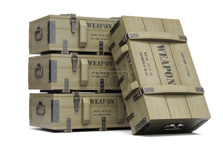Foto de Cajas militares de madera con armas y municiones del ejército aisladas en blanco. ilustración 3d - Imagen libre de derechos