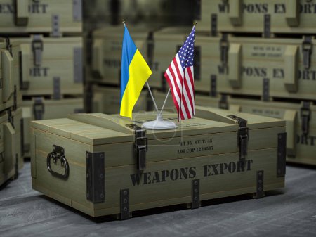Photo for Military supply ad delivery USA american weapon for Ukraine. Weapon box with flags of USA and Ukraine. 3d illustration - Royalty Free Image