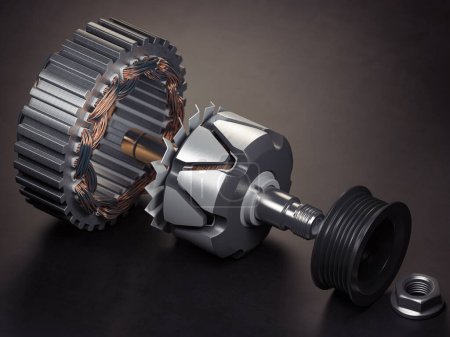 Photo for Rotor and stator of car alternator generator or electric motor on black background. 3d illustration - Royalty Free Image