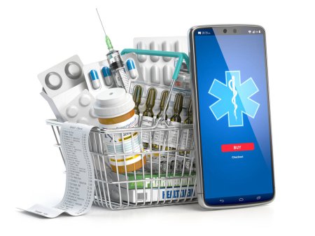 Photo for Mobile service or app for purchasing medicines in online pharmacy drugstore. Smartphone and shopping basket full of medicines. 3d illustration - Royalty Free Image