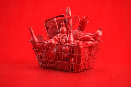 Foto de Cesta de la compra roja llena de alimentos de comestibles sobre fondo rojo. ilustración 3d - Imagen libre de derechos