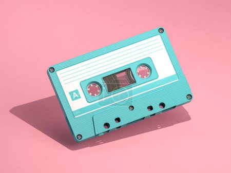 Téléchargez les photos : Cassette audio vintage bleue sur fond rose. Illustration 3d - en image libre de droit