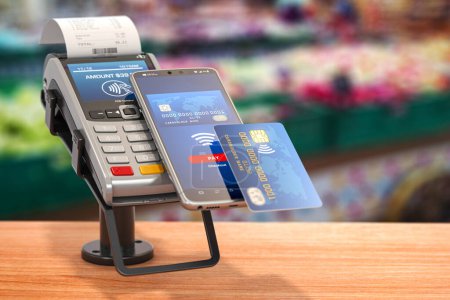 Photo for Contactless  payment with smart phone. POS terminal with NFC mobile phone in asupermarket. 3d illustration - Royalty Free Image