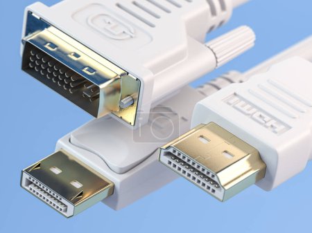 Foto de HDMI, puerto de visualización y cables DVI. Tipos más comunes de cables de vídeo digital y conectores de pantalla. ilustración 3d - Imagen libre de derechos