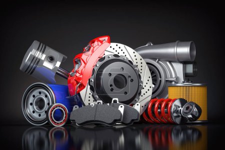 Autoteile oder Auto-Ersatzteile auf schwarzem Grund. 3D-Illustration
