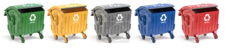 Photo for Garbage containers with separated garbage. Trash bins for plastic, glass, paper and organic. Segregate waste and garbage recycling concept.3d illustration - Royalty Free Image