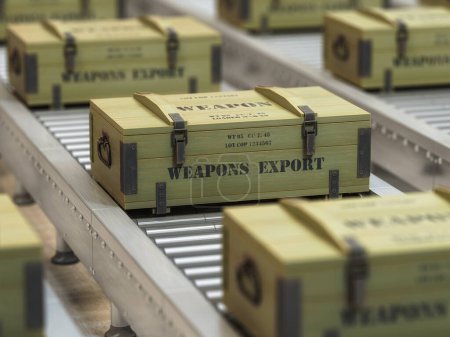 Foto de Cajón militar de madera con arma en cinta transportadora. Producción y exportación de armas. ilustración 3d - Imagen libre de derechos