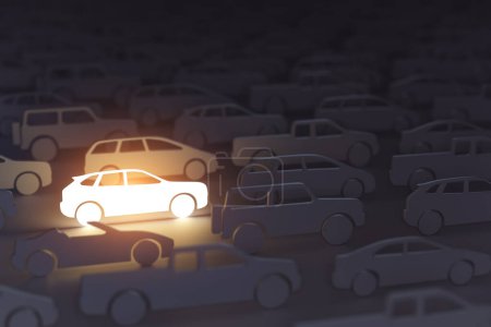 Photo for Choosing a car, rent a car, lease a car concept.  Glowing SUV car  in a rows of cars of others types.  3d illustration - Royalty Free Image