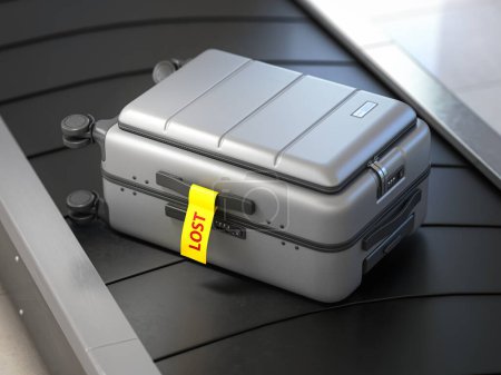 Foto de Maleta con pegatina perdida en un transportador de equipaje del aeropuerto o transportador de reclamo de equipaje. ilustración 3d - Imagen libre de derechos