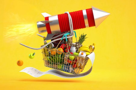 Photo for Fast delivery, growth of market basket or consumer price index, inflation or growth of food sales concept. Shopping basket with foods on flying rocket. 3d illustration - Royalty Free Image