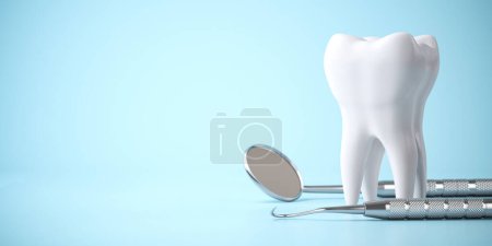 Tooth and dental tools on blue background. Dental care, treatments and oral health background. 3d illustration