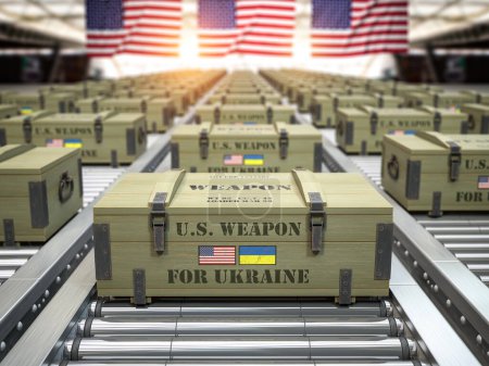 Photo for Military production, supply and delivery USA american weapon for Ukraine. Weapon box with flags of USA and Ukraine on conveyor belt. 3d illustration - Royalty Free Image