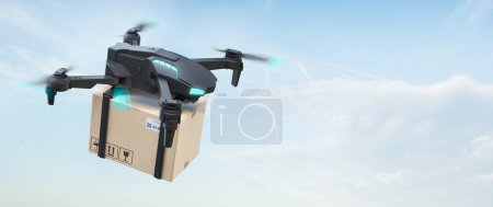 Photo for Flying delivery drone  with cardboard box. Express delivery concept.  3d illustration - Royalty Free Image