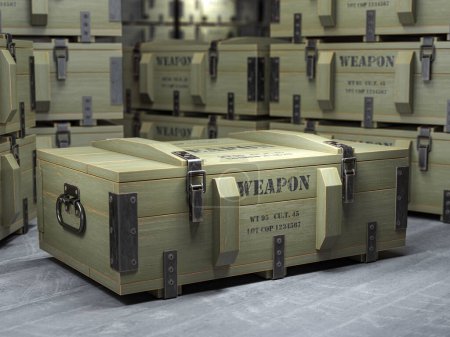 Photo for Military wooden crates with weapon and army ammunition in warehouse. 3d illustration - Royalty Free Image