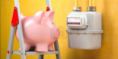 Photo for Saving natural gas, energy costs and energy efficiency concept. Piggybank ona ladder and gas meter.  3d illustration - Royalty Free Image