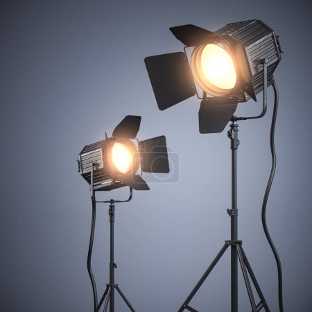 Foto de Equipo de iluminación de estudio Spotlight para fotografía o videografía sobre fondo gris. ilustración 3d - Imagen libre de derechos