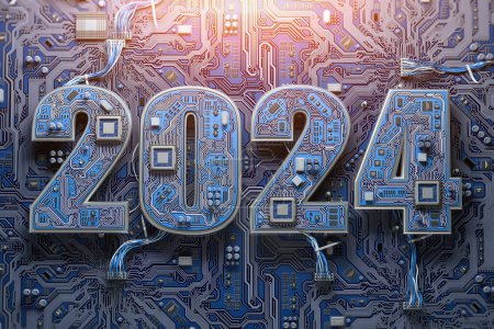 Photo for 2024 on circuit board or motherboard with cpu. Computer technology and internet commucations digital concept background. Happy new 2024 year. 3d illustration - Royalty Free Image