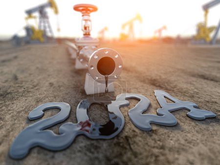 Photo for Oil pump line  tubes with  spilled oil in a form os 2024 and pump jacks. Happy new 2024 year for oil industry. 3d illustration - Royalty Free Image
