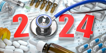 Photo for 2024 Happy New Year. Health care, medicine and pharmacy concept.  Number 2024 with stethoscope and meds. 3d illustration - Royalty Free Image