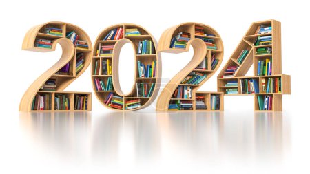 Photo for Happy 2024 new year education concept. Bookshelves with books in the form of text 2024. 3d illustration - Royalty Free Image
