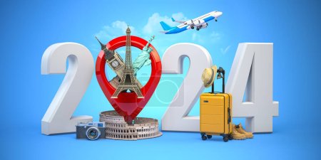 Photo for 2024 Happy new year. Number 2024 and pin with most popular landmarks of the world. New year celebration in London, Paris, Rome or New York. 3d illustration - Royalty Free Image