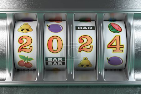 Photo for 2024 Happy New Year  in casino. Slot machine with jackpot number 2024. 3d illustration - Royalty Free Image
