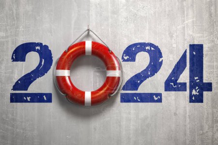 Photo for Happy new saving 2024 year.  Lifebouy on a wall with number 2024. 3d illustration - Royalty Free Image