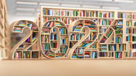Photo for 2024 new year education concept. Bookshelves with books in the form of text 2024 in library. 3d illustration - Royalty Free Image