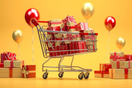 Photo for Shopping cart full of gift boxes with ribbons and bows on a red backgreound. New year and Christmas shopping concept. 3d illustration - Royalty Free Image
