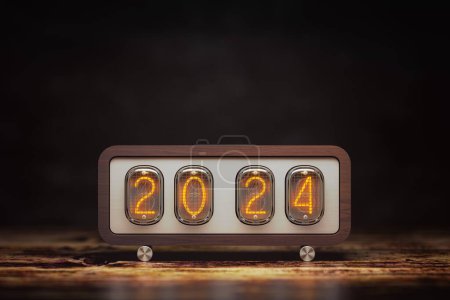 Photo for Happy New 2024 Year. Vintage nixie clock with 2024. 3d illustration - Royalty Free Image