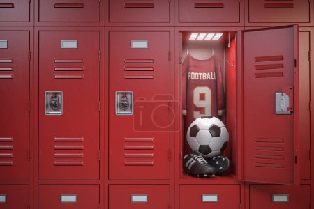 Photo for Football accesoires in locker rrom. Soccer ball, shirt and boots in a club wardrobe. 3d illustration - Royalty Free Image