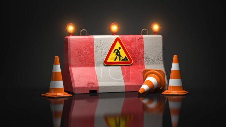 Photo for Under construction web site design. Road sign on barrier with traffic cones indicated reconstruction or rebuilding process. 3d illustration - Royalty Free Image
