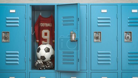 Photo for Soccer equipment football ball, t'shirt and bbots in a school locker room. 3d illustration - Royalty Free Image