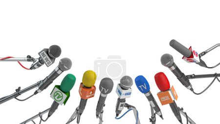 Foto de Micrófonos de diferentes medios de comunicación aislados en blanco. Conferencia de prensa o concepto de entrevista. ilustración - Imagen libre de derechos