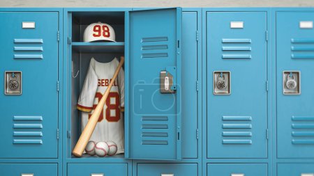 Balle de baseball et batte dans un vestiaire de l'école. Équipement sportif de baseball et concept d'entraînement. Illustration 3d
