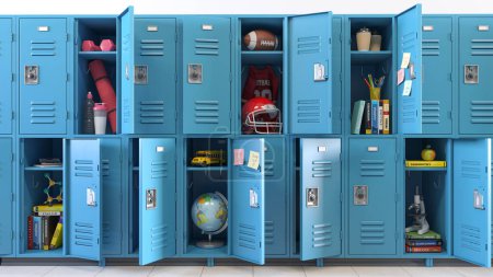 Photo for Student lockers at school. School lockers with open doors and student equipment, items and accessories for education and sport. 3d  illustration - Royalty Free Image