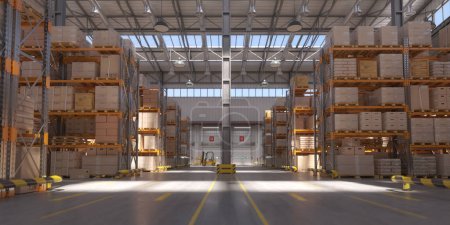 Photo for Retail warehouse full of shelves with cardboard boxes and packages. Logistics, storage, and delivery industrial background. 3d illustration - Royalty Free Image