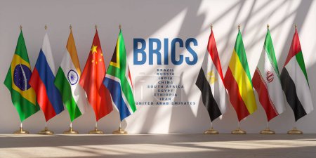 Téléchargez les photos : Sommet BRICS ou concept de réunion. Rangée à partir des drapeaux de tous les membres de la liste des pays BRICS. Illustration 3d - en image libre de droit